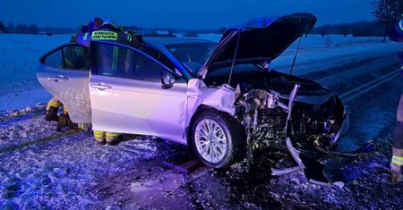 Kolizja w Sikorzu. Samochód osobowy uderzył w drzewo, droga była zablokowana