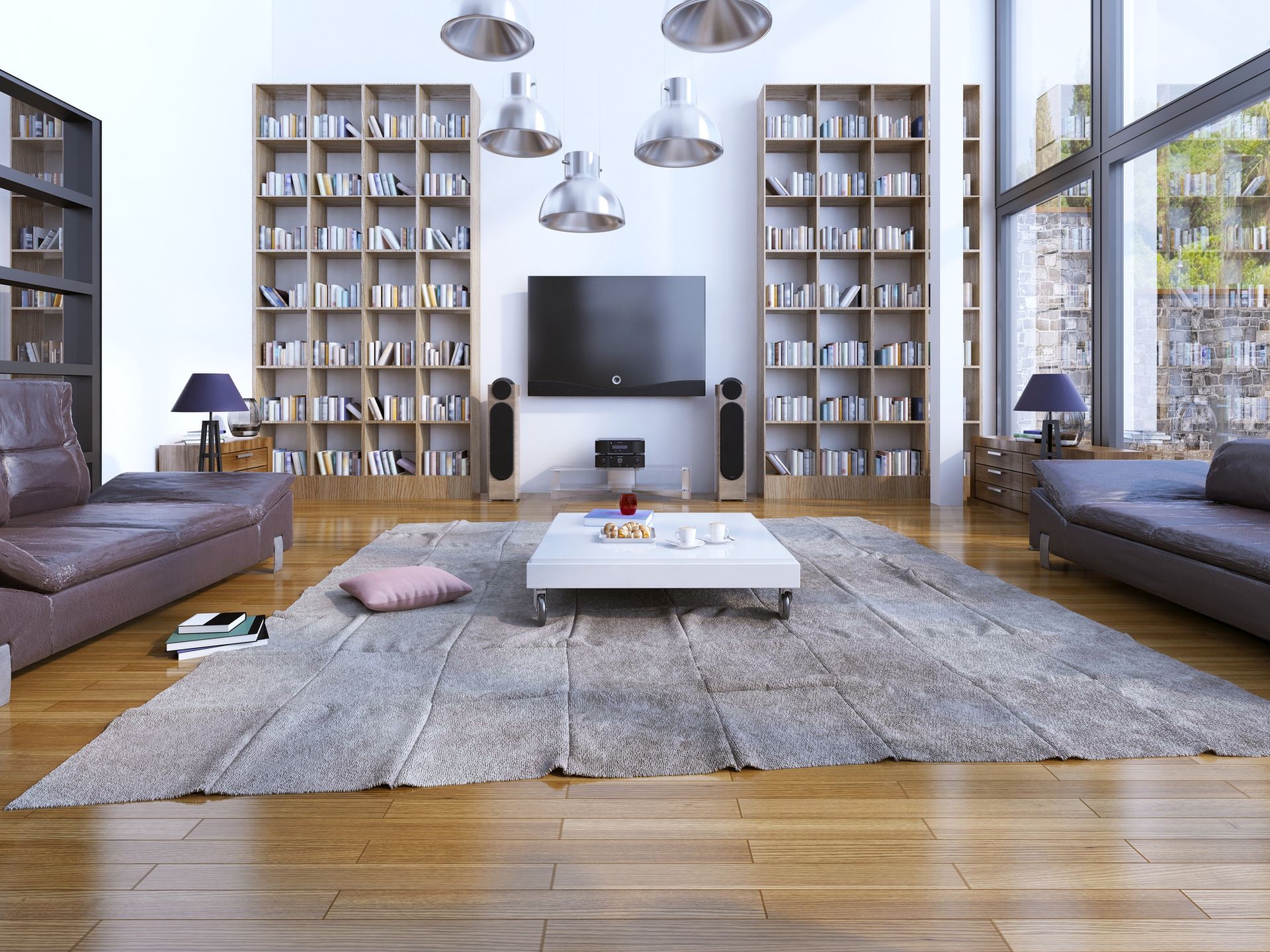 Design of spacious living room with panoramic windows. 3D renderliving room, loft, modern, contemporary, avant-garde, style, design, idea, trend, interior, home, panoramic view, high ceilings, window, sofa, armchair, furniture, low table, carpet, bookshelves, Book open cabinet, cabinet, floor lamps, hanging lamp, TV, sound system, parquet, decorations, books, recreation, two-storey, multi-level, leather, white, series, brown, bright, large, expensive, spacious