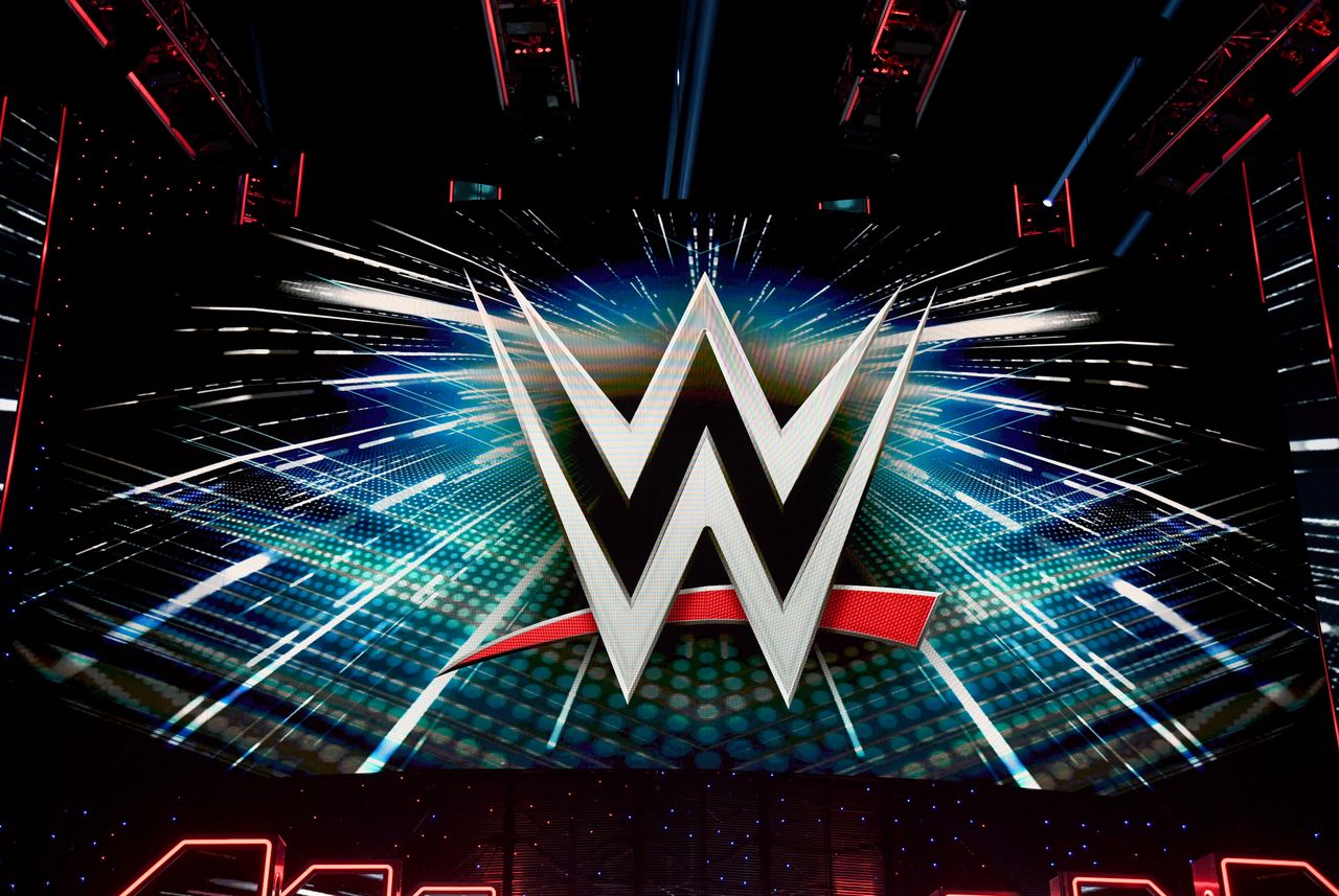LAS VEGAS, NEVADA - OCTOBER 11:  A WWE logo is shown on a screen before a WWE news conference at T-Mobile Arena on October 11, 2019 in Las Vegas, Nevada. It was announced that WWE wrestler Braun Strowman will face heavyweight boxer Tyson Fury, and WWE champion Brock Lesnar will take on former UFC heavyweight champion Cain Velasquez at the WWE's Crown Jewel event at Fahd International Stadium in Riyadh, Saudi Arabia, on October 31.  (Photo by Ethan Miller/Getty Images)