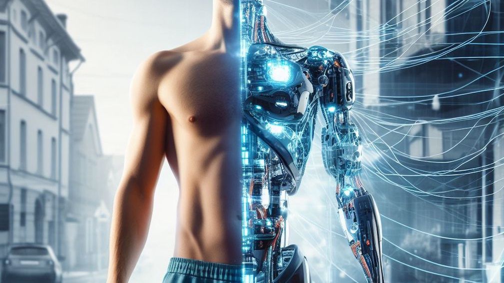 Wizualizacja człowieka jednoczącego się z technologią