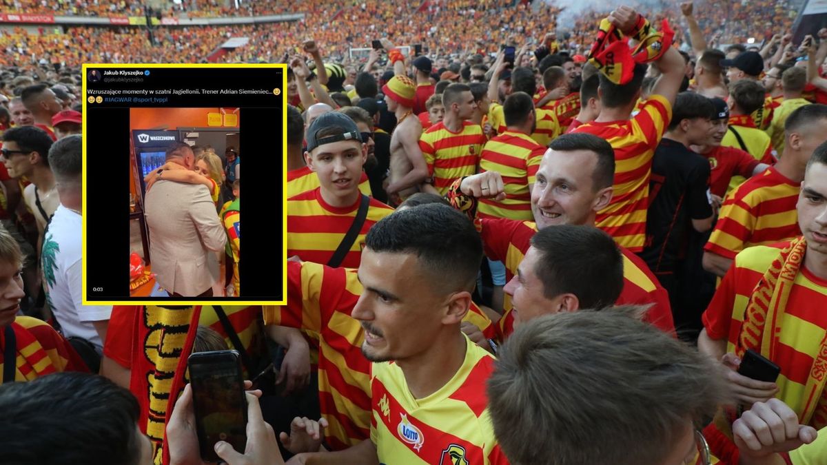 PAP / Artur Reszko / x.com/jakubklyszejko / Na zdjęciu: Kibice Jagiellonii Białystok i piłkarz Jagi Rui Nene/ w ramce: trener Adrian Siemieniec z żoną