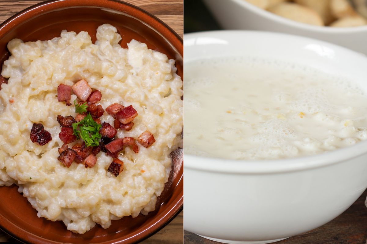 Po lewej: kluski scykane z bryndzą i skwarkami; po prawej: zupa zupka z twarogiem