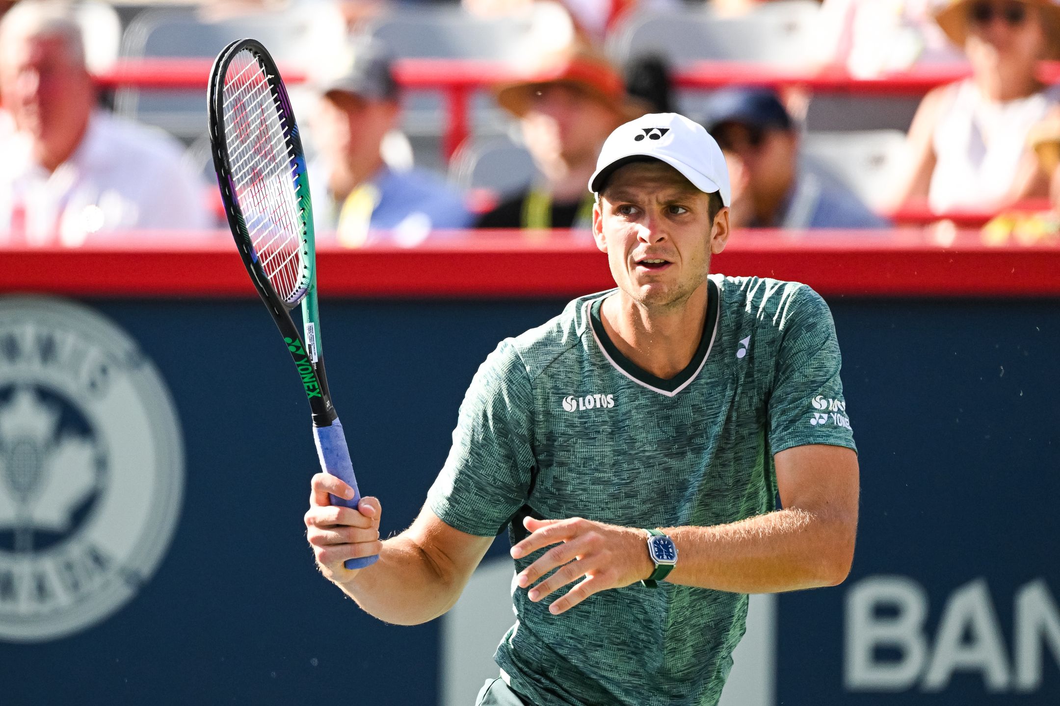 MONTREAL, QC - AUGUST 13: Hubert Hurkacz (POL) returns the ball during the semifinals round ATP National Bank Open match on August 13, 2022 at IGA Stadium in Montreal, QC (Photo by David Kirouac/Icon Sportswire via Getty Images)