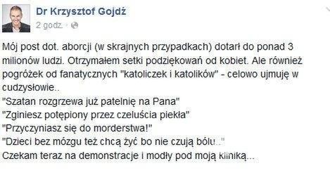 Krzysztof Gojdź dostał od internautki zastraszającą wiadomość