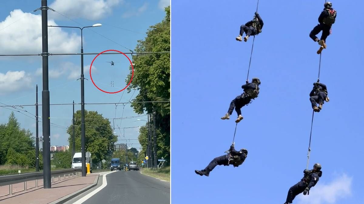 Śmigłowiec ze zwisającymi ludźmi nad Lublinem