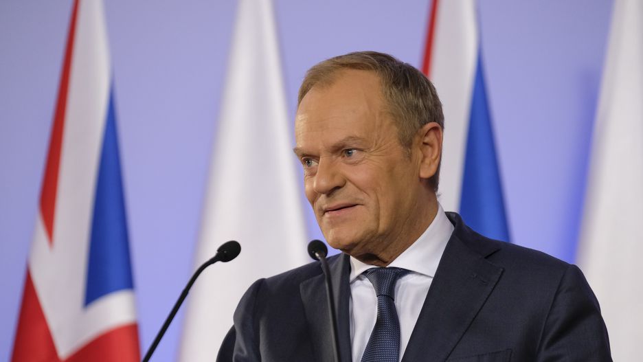 Donald Tusk, Poland's prime minister, during a news conference with Rishi Sunak, UK prime minister, not pictured, in Warsaw, Poland, on Tuesday, April 23, 2024. The UK will send more Storm Shadow long-range missiles to Ukraine as part of its single biggest military aid package to the country since Russia's invasion, Prime Minister Rishi Sunak said. Photographer: Damian Lemaski/Bloomberg via Getty Images