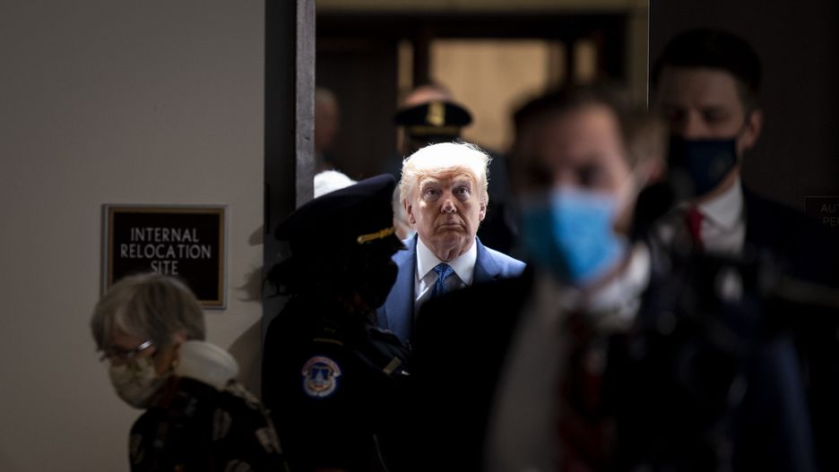 UNITED STATES - MAY 19: President Donald Trump departs from a Senate Republican Policy Luncheon in Hart Building on Tuesday, May 19, 2020. (Photo by Caroline Brehman/CQ-Roll Call, Inc via Getty Images)