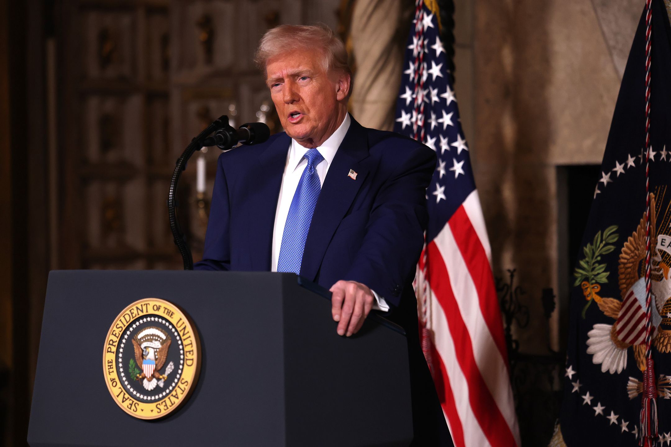 PALM BEACH, FLORIDA - FEBRUARY 18: U.S. President Donald Trump delivers remarks before signing an executive order on expanding access to IVF at his Mar-a-Lago resort on February 18, 2025 in Palm Beach, Florida. Later today Fox News will air a joint interview between President Trump and Tesla and SpaceX CEO Elon Musk. (Photo by Joe Raedle/Getty Images)