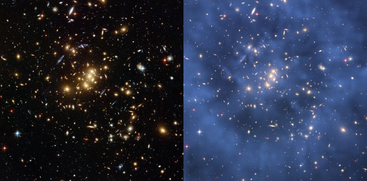 Dwa widoki z Hubble'a masywnej gromady galaktyk Cl 0024+17 (ZwCl 0024+1652). 