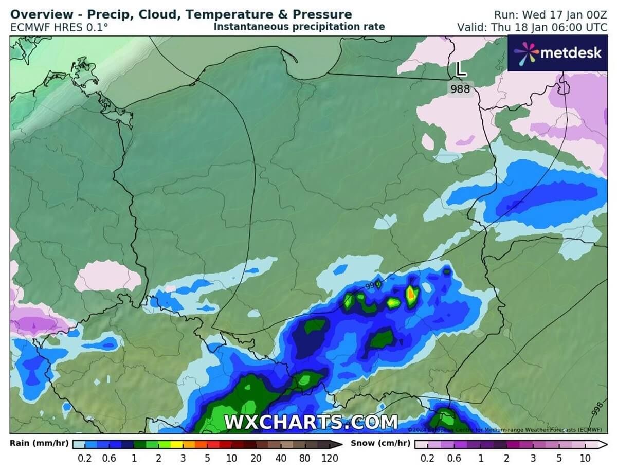 opady deszczu nad ranem 18 stycznia