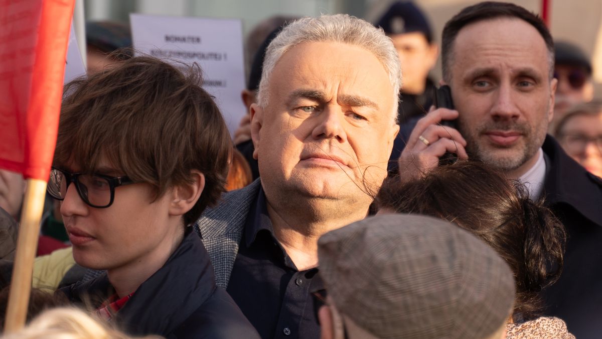 WARSAW, POLAND - 2026/03/13: Tomasz Sakiewicz is seen during a demonstration. Members of parliament from the party Law and Justice (PiS) together with supporters and members of clubs associated with Gazeta Polska Clubs organized a rally in support of President Karol Nawrocki after he vetoed legislation enabling Poland to access funds from the European Union's SAFE program. The SAFE program (Security Action for Europe) is a 150 billion EU financial instrument launched in 2025 that provides long-term, low-interest loans to support defense investments, including the purchase of military equipment and the strengthening of the European defense industry. Poland was expected to be one of the largest beneficiaries of the program. Several hundred people gathered at the rally to express their support for the president in Warsaw. (Photo by Marek Antoni Iwanczuk/SOPA Images/LightRocket via Getty Images)