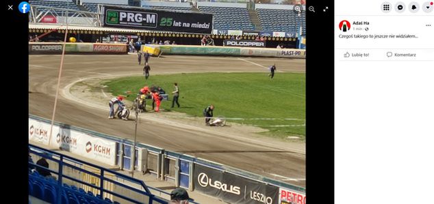 Zdjęcie wykonane zaraz po wypadku, opublikowane przez jednego z kibiców na fanpage'u Unii Leszno na Facebooku