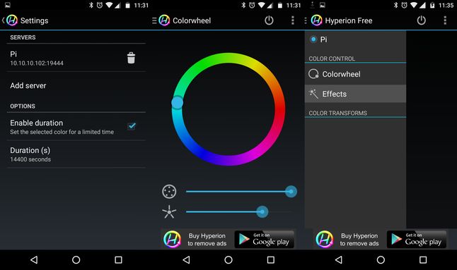Interfejs programu Hyperion Free na systemie Android