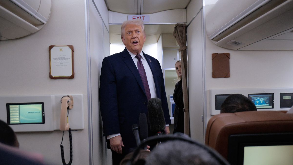 JOINT BASE ANDREWS, DC - JANUARY 22: U.S. President Donald Trump speaks to reporters on board Air Force One while flying in between Ireland and Washington as he returns from the World Economic Forum on January 22, 2026 at Joint Base Andrews, Maryland. Following a meeting with NATO Secretary General Mark Rutte, Trump announced a deal with European leaders on the semi-autonomous Danish territory of Greenland during the annual meeting of political and business leaders in Davos. (Photo by Chip Somodevilla/Getty Images)