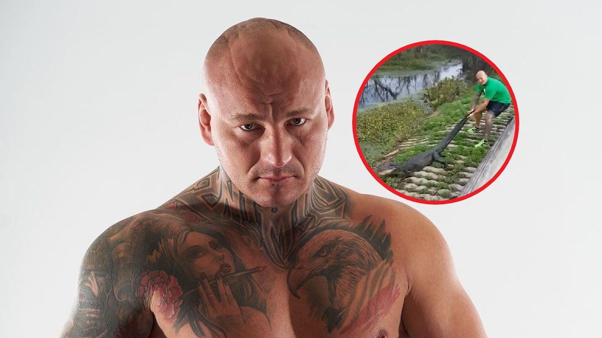 Na dużym zdjęciu Artur Szpilka. Na małym moment, w którym zaczepia aligatora