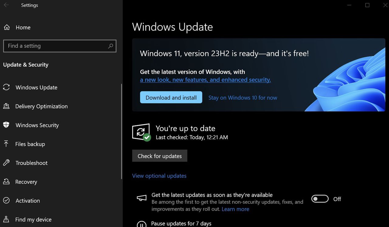 Propozycja aktualizacji w Windows Update w Windows 10
