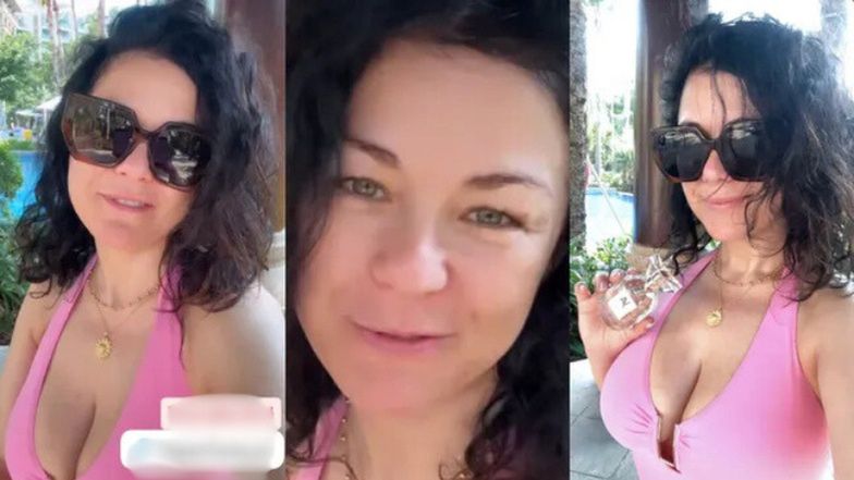 Naturalna Katarzyna Cichopek w bikini wyleguje się nad basenem