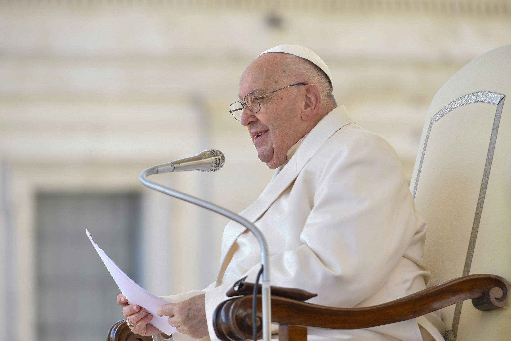 VATICAN CITY, VATICAN - APRIL 25: (EDITOR NOTE: STRICTLY EDITORIAL USE ONLY - NO MERCHANDISING). Pope Francis holds is speech during a special audience to the members of  Azione Cattolica (Catholic Action) at St. Peter's Square on April 25, 2024 in Vatican City, Vatican. (Photo by Vatican Media via Vatican Pool/Getty Images)