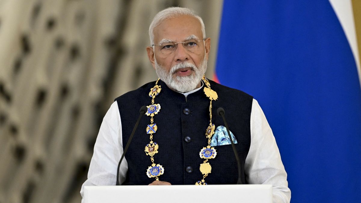 Temporary
MOSCOW, RUSSIA - JULY 09: Indian Prime Minister Narendra Modi delivers a speech at the ceremony after being presented with the Order of St. Andrew by Russian President Vladimir Putin (not seen) for his contributions to the relations between the two countries in Moscow, Russia on July 09, 2024. The Order of St. Andrew was the highest honor of the Russian Empire, awarded to the Imperial Family, ambassadors, and servants of the state. He also thanked Modi for the 'close cooperation' at international platforms, including the UN and Shanghai Cooperation Organization, and invited him to attend the BRICS summit scheduled for Oct. 22-24 in Kazan, Russia. Sefa Karacan / Anadolu/ABACAPRESS.COM
AA/ABACA