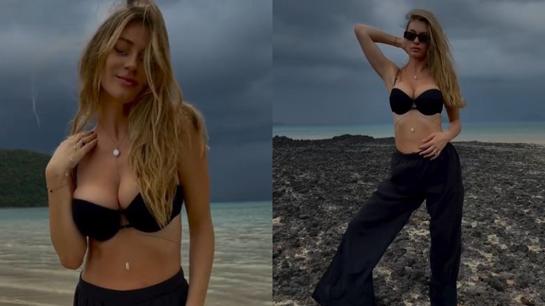 Marcelina Zawadzka pląsa w bieliźnie po plaży