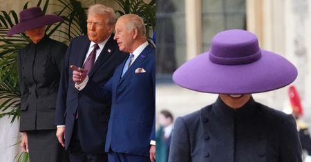 Dystyngowana Melania Trump skrywa twarz pod wielkim kapeluszem podczas spotkania z królem Karolem III. Stylowo?