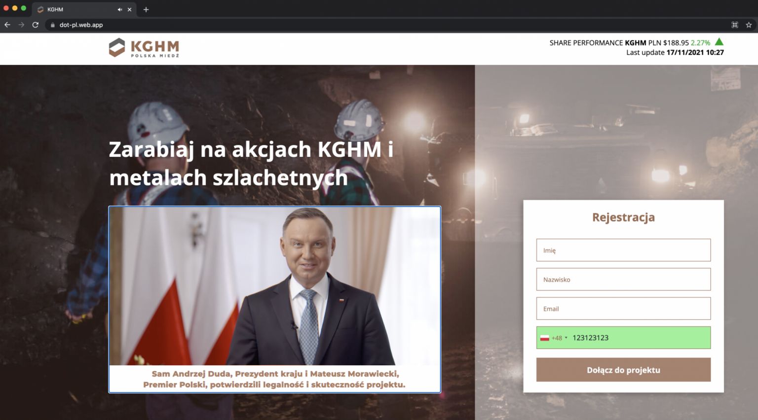 Fałszywa strona wykorzystująca wizerunek prezydenta Andrzeja Dudy.