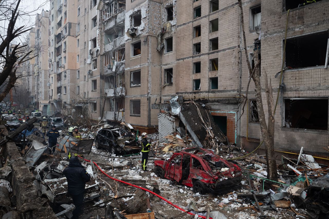 Effects of the Russian missile attack on a residential district in Kyiv.