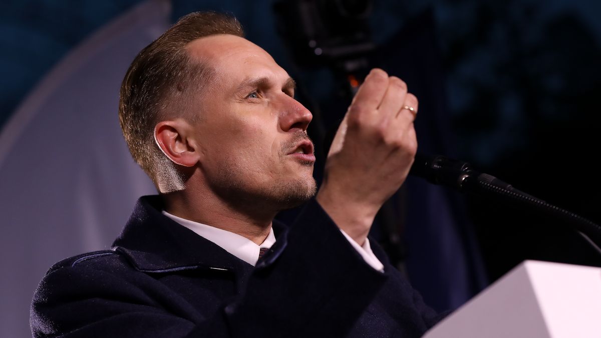 MP Konrad Berkowicz participates in the election rally of Slawomir Mentzen, candidate of the Konfederacja party for the President of the Republic of Poland, at the Podgorski Market Square in Krakow, Poland, on May 16, 2025. (Photo by Klaudia Radecka/NurPhoto via Getty Images)