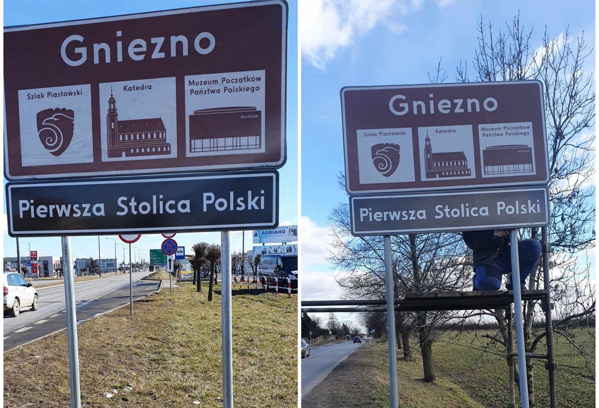 Tabliczki "pierwsza stolica Polski" na wjazdach do Gniezna
