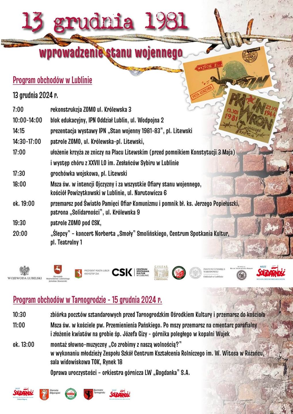 Program obchodów 43. rocznicy wybuchu stanu wojennego w Polsce - LUBLIN 2024