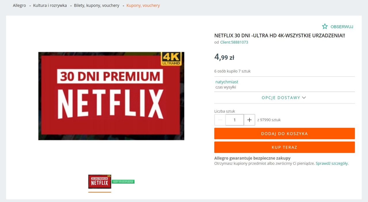 Tak handlowano trialami Netfliksa. Źródło: Allegro