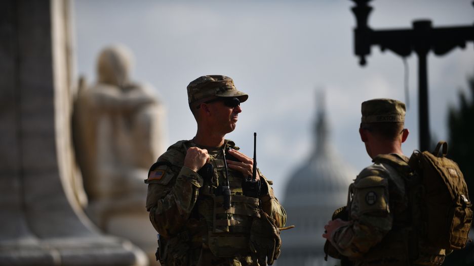 WASHINGTON, D.C. - AUGUST 20: National Guard are seen outside Union Station August 20, 2025 in Washington, DC. The National Guards and additional federal law enforcement officers from different agencies who are also patrolling D.C. streets are part of President Donald Trump's order to crack down on crime in the nation's capital. (Photo by Astrid Riecken For The Washington Post via Getty Images)