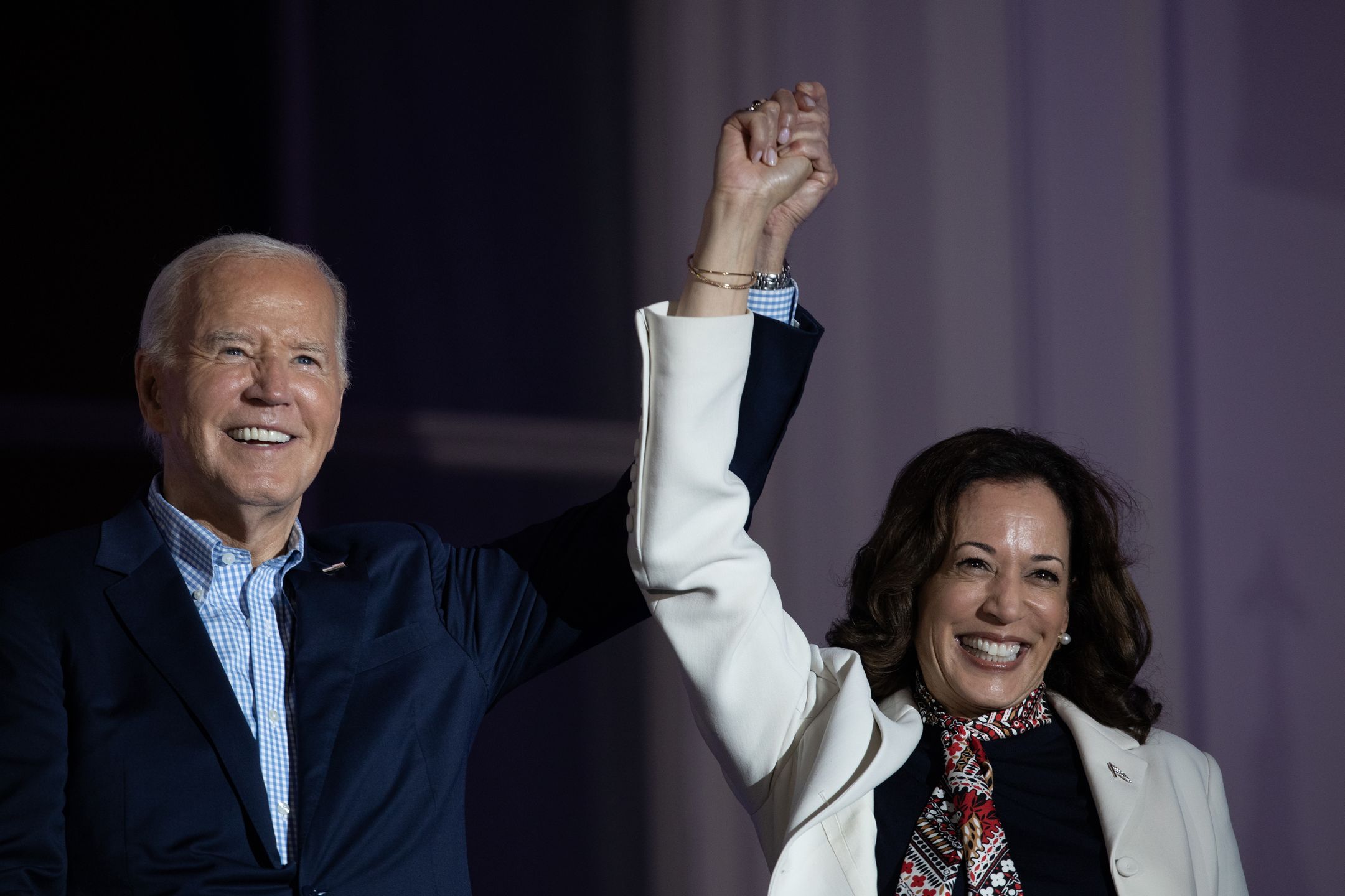 WASHINGTON - JULY 4: President Joe Biden and Vice President Kamala Harris hold hands during an Independence Day celebration at the White House in Washington, D.C., on Thursday, July 4, 2024. (Photo by Tom Brenner for The Washington Post via Getty Images)