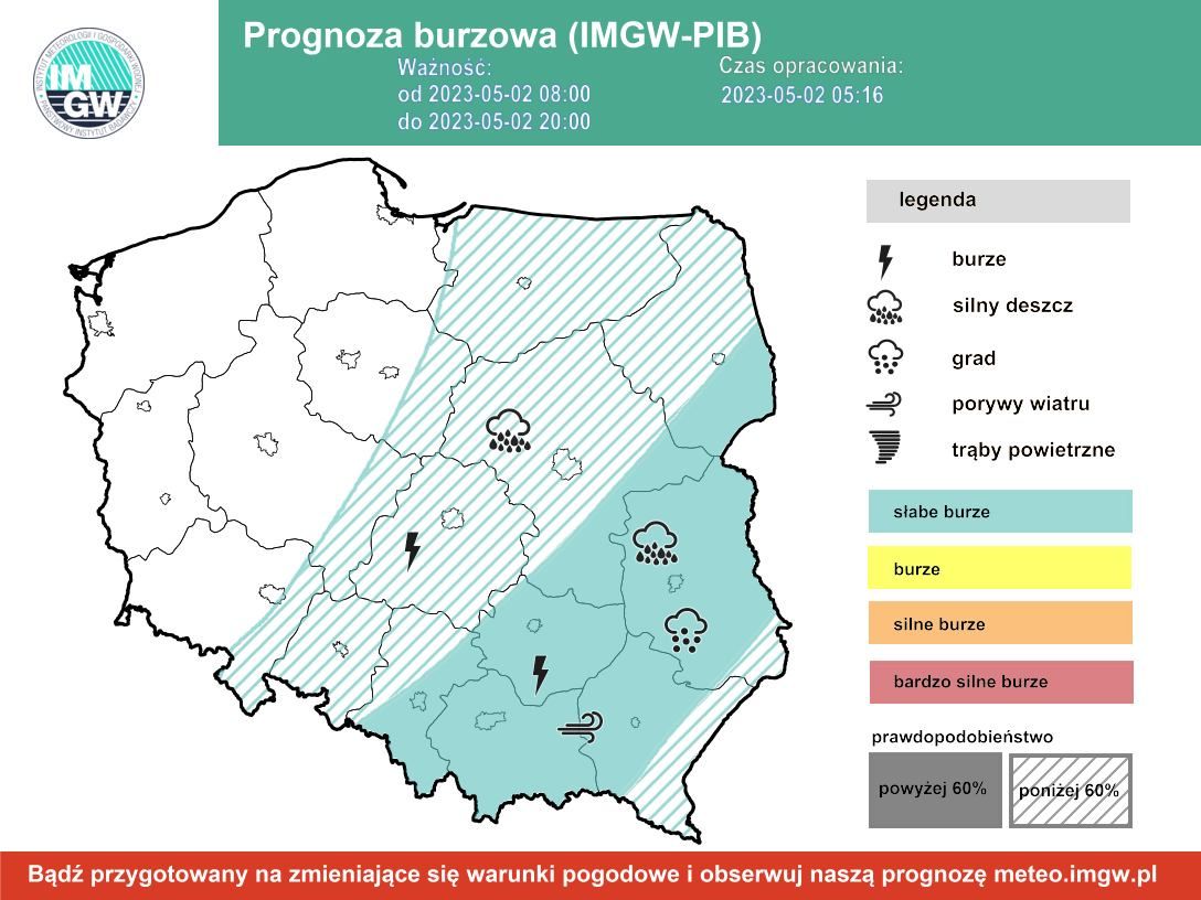 Prognoza burz na wtorek 2 maja 2023 r. z ważnością od 8:00 do 20:00