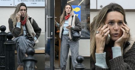Ekspresyjna Aleksandra Żebrowska prezentuje BOGATĄ MIMIKĘ podczas rozmowy telefonicznej przed modną knajpką (ZDJĘCIA)