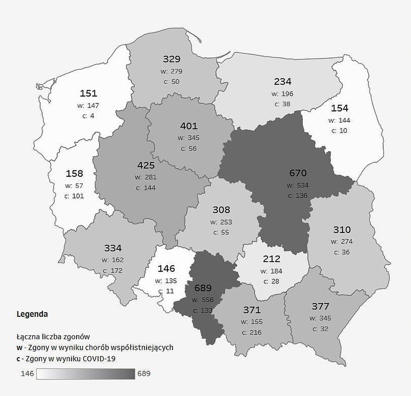 Koronawirus w Polsce. Liczba zgonów odnotowanych w ciągu 14 dni w podziale na województwa 