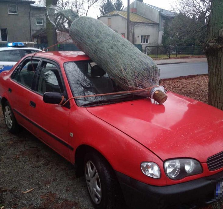 Na oślep z choinką. Policja myślała, że auto porusza się samo