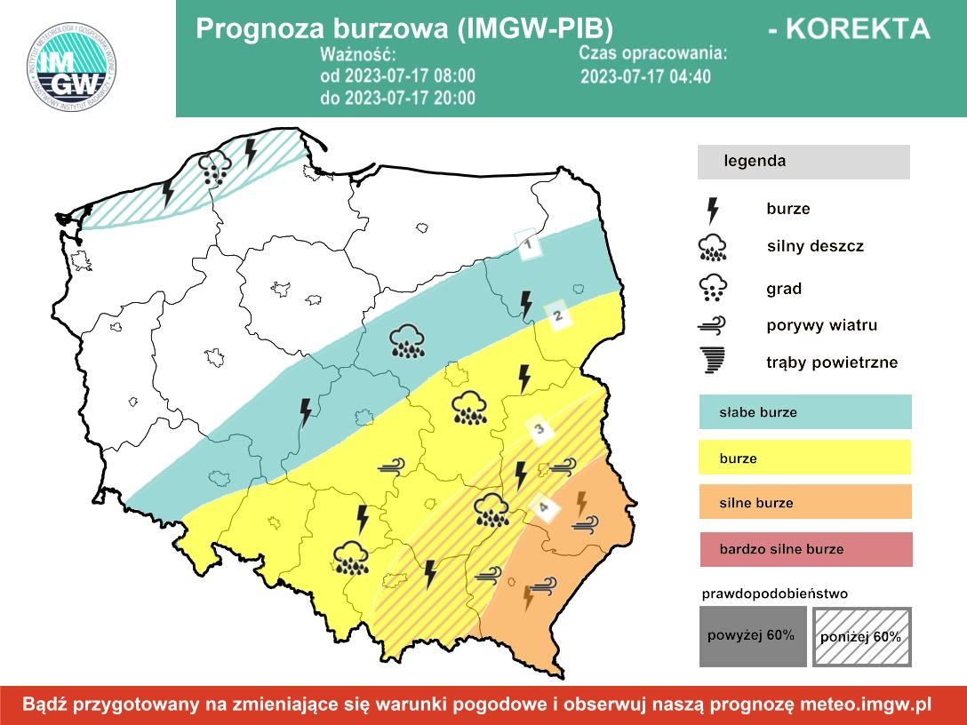 Prognoza burzowa IMGW na poniedziałek, 17 lipca