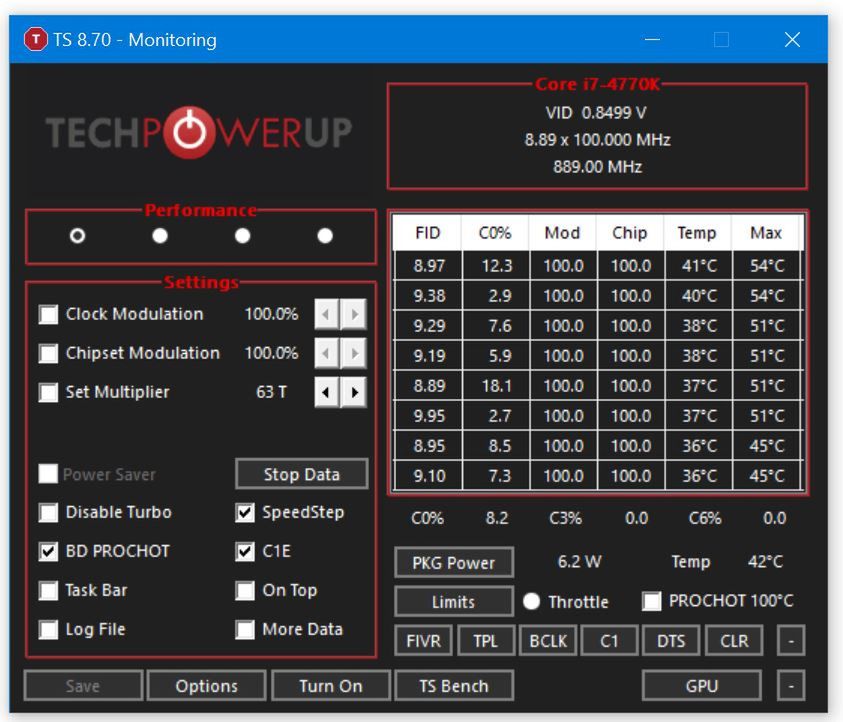 Zrzut ekranu z aplikacji ThrottleStop 8.70. Źródło: TechPowerUp