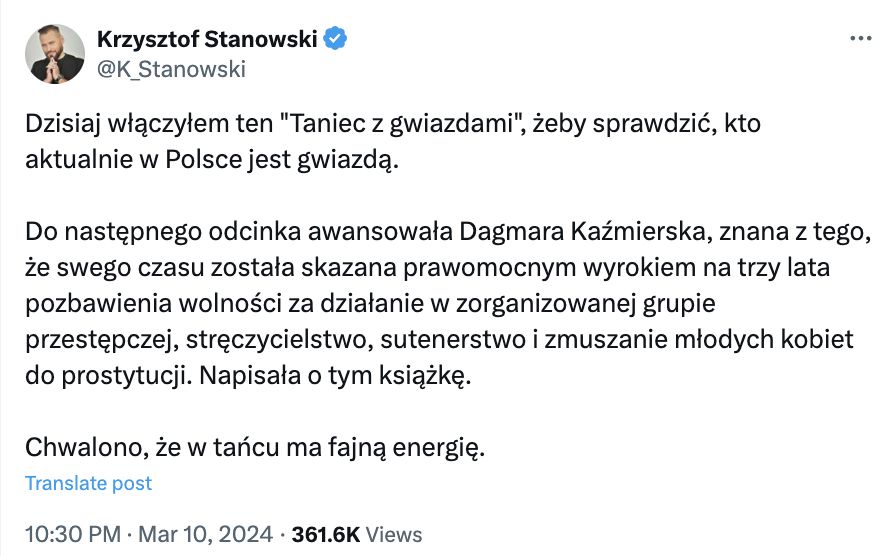  Stanowski krytykuje udział Kaźmierskiej w "Tańcu z Gwiazdami"