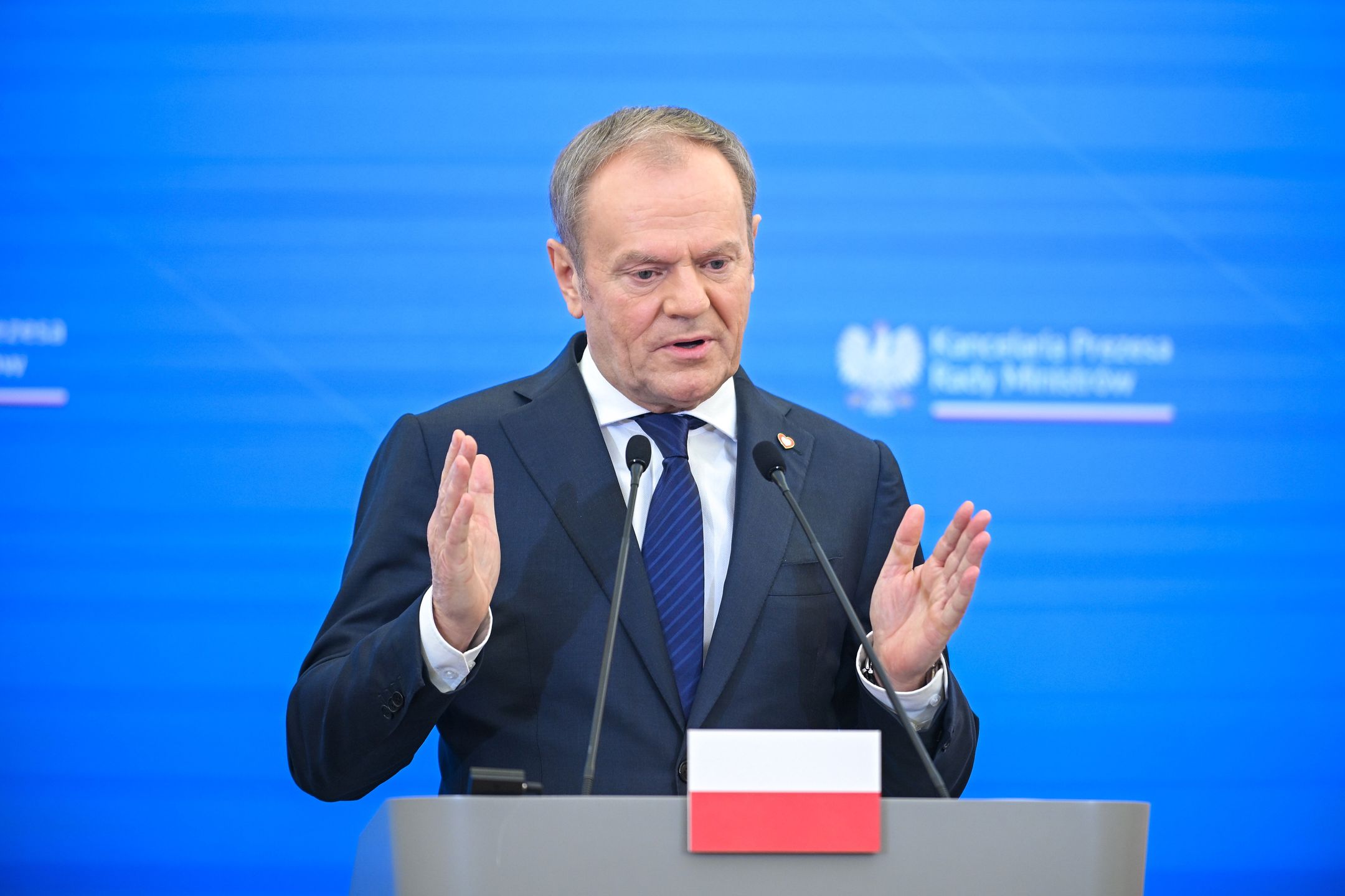Warszawa, 28.01.2025. Premier Donald Tusk podczas konferencji prasowej po spotkaniu z premierem Kanady Justinem Trudeau, 28 bm. w KPRM w Warszawie. (sko) PAP/Marcin Obara