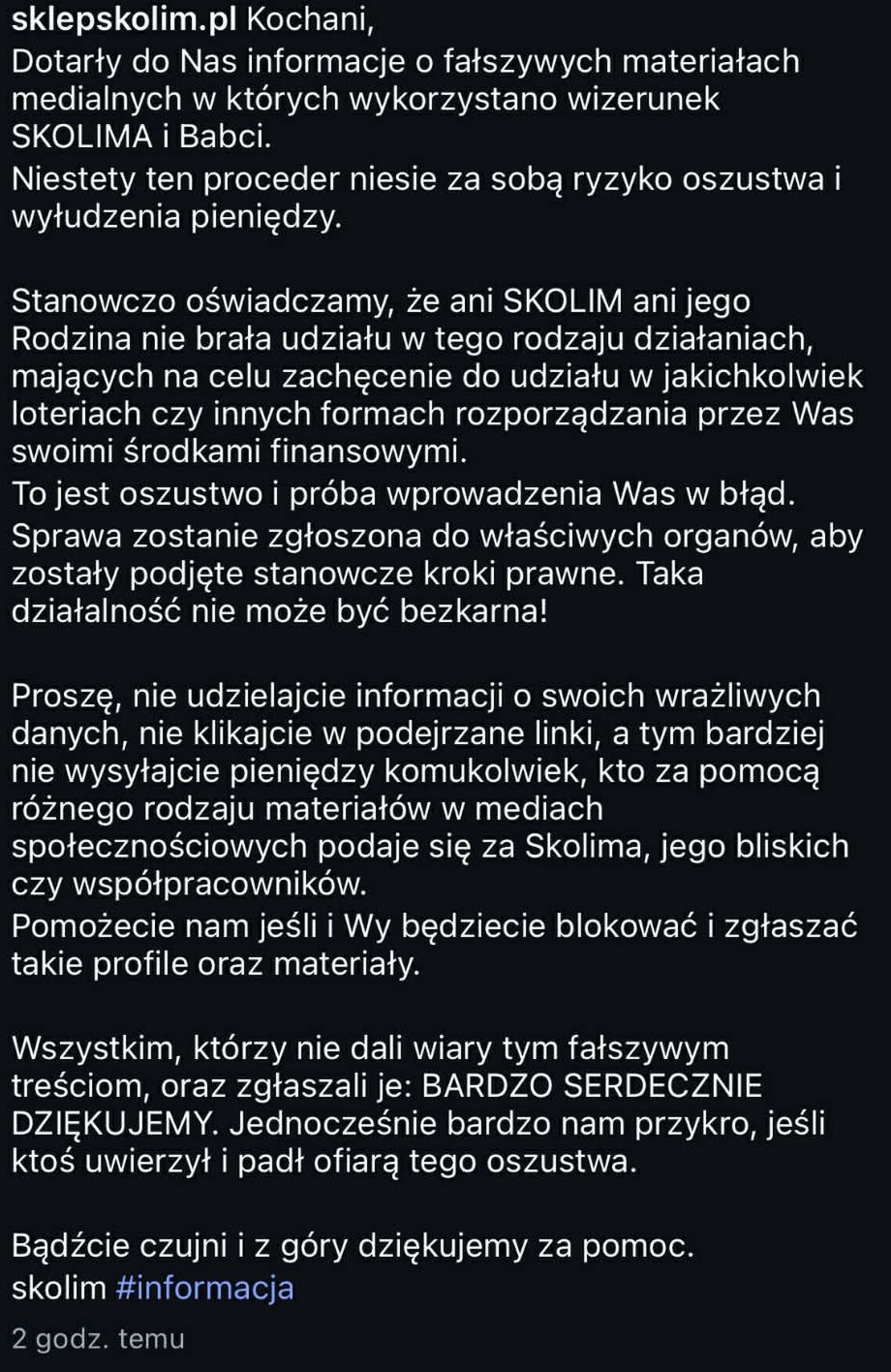 Oświadczenie sklepu Skolima