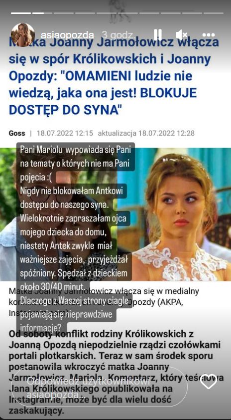 Joanna Opozda odpowiada mamie Joanny Jarmołowicz