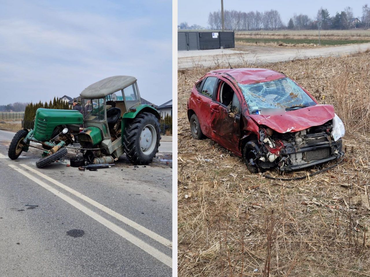 Zderzenie z traktorem. Auto wypadło z jezdni i dachowało na pobliskim polu