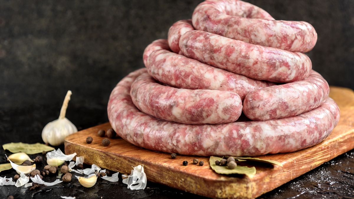 sausage, meat, food, pork, sausages, meal, beef, isolated, raw, barbecue, fresh, grilled, fat, grill, dinner, tasty, white, cooking, delicious, breakfast, salami, red, smoked, hot, closeup, homemade, background, bratwurst, rosemary, uncooked, nutrition, wooden, eat, cuisine, gourmet, german