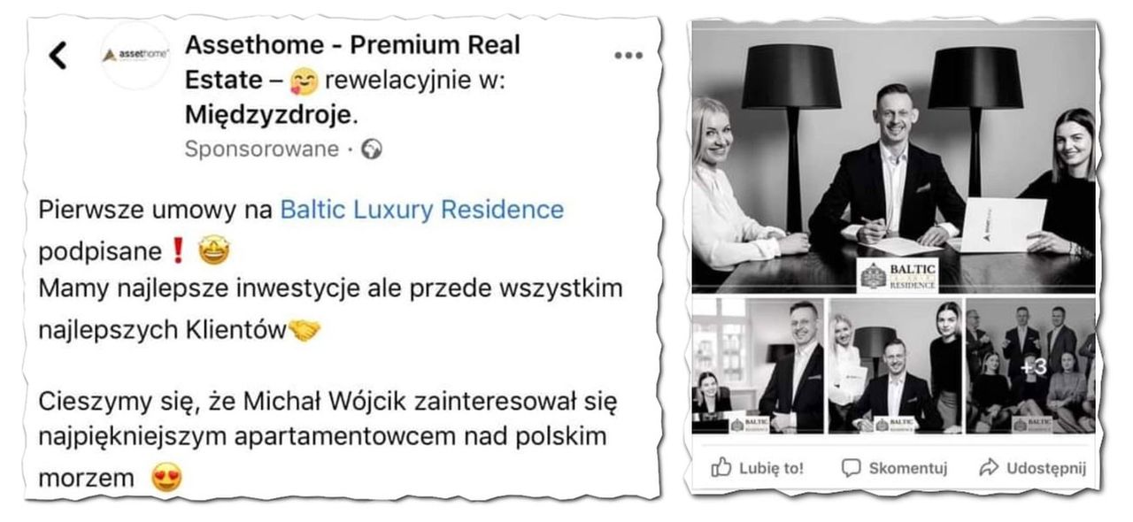 Zrzut ekranu sponsorowanego wpisu dewelopera z udziałem Michała Wójcika