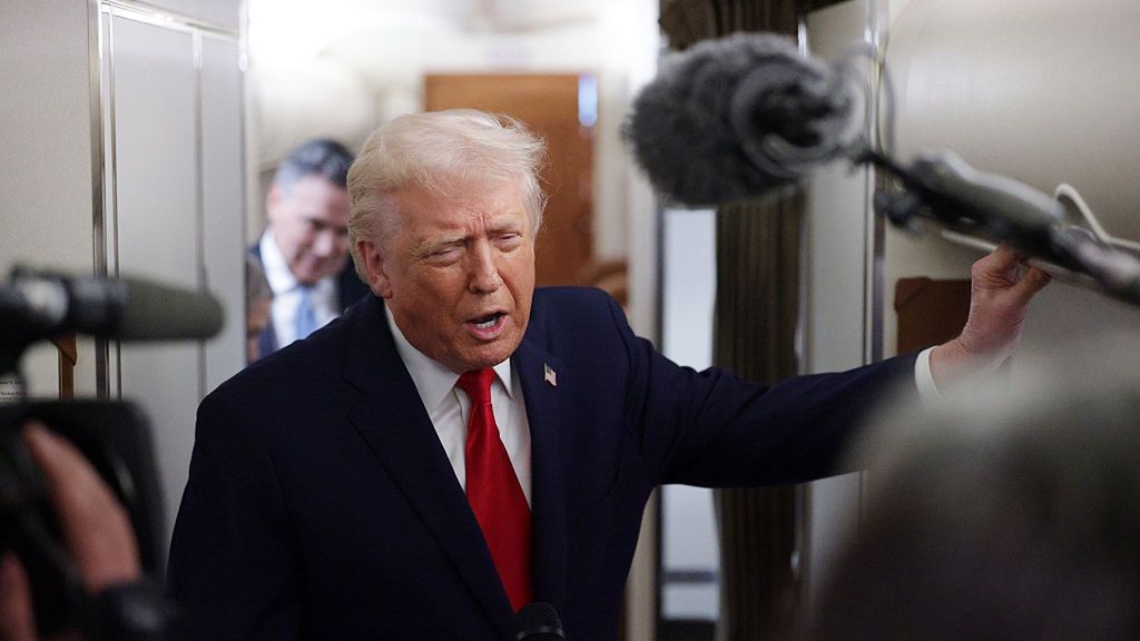 President Trump Touts Administration's Economic Policies In Pennsylvania
IN FLIGHT - DECEMBER 09: U.S. President Donald Trump speaks to the media aboard Air Force One enroute to Pennsylvania on December 9, 2025. Trump is scheduled to deliver remarks on his administration's economic agenda at an event in Mount Pocono. (Photo by Alex Wong/Getty Images)
Alex Wong