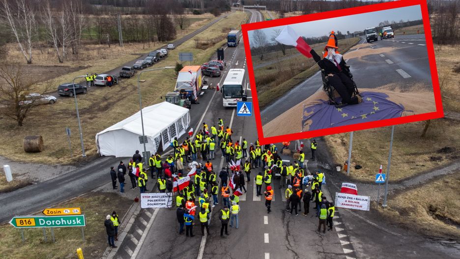 Protest w Dorohusku i wysypane zboże na jezdnię / @MeklerRafal
