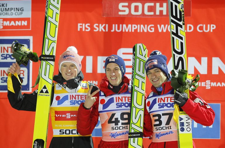 Severin Freund, Gregor Schlierenzauer i Andreas Kofler podczas pierwszego konkursu w Krasnajej Polanie rozegranego w ramach próby przedolimpijskiej. Żaden z nich nie zdobył kilkanaście miesięcy później medalu na igrzyskach