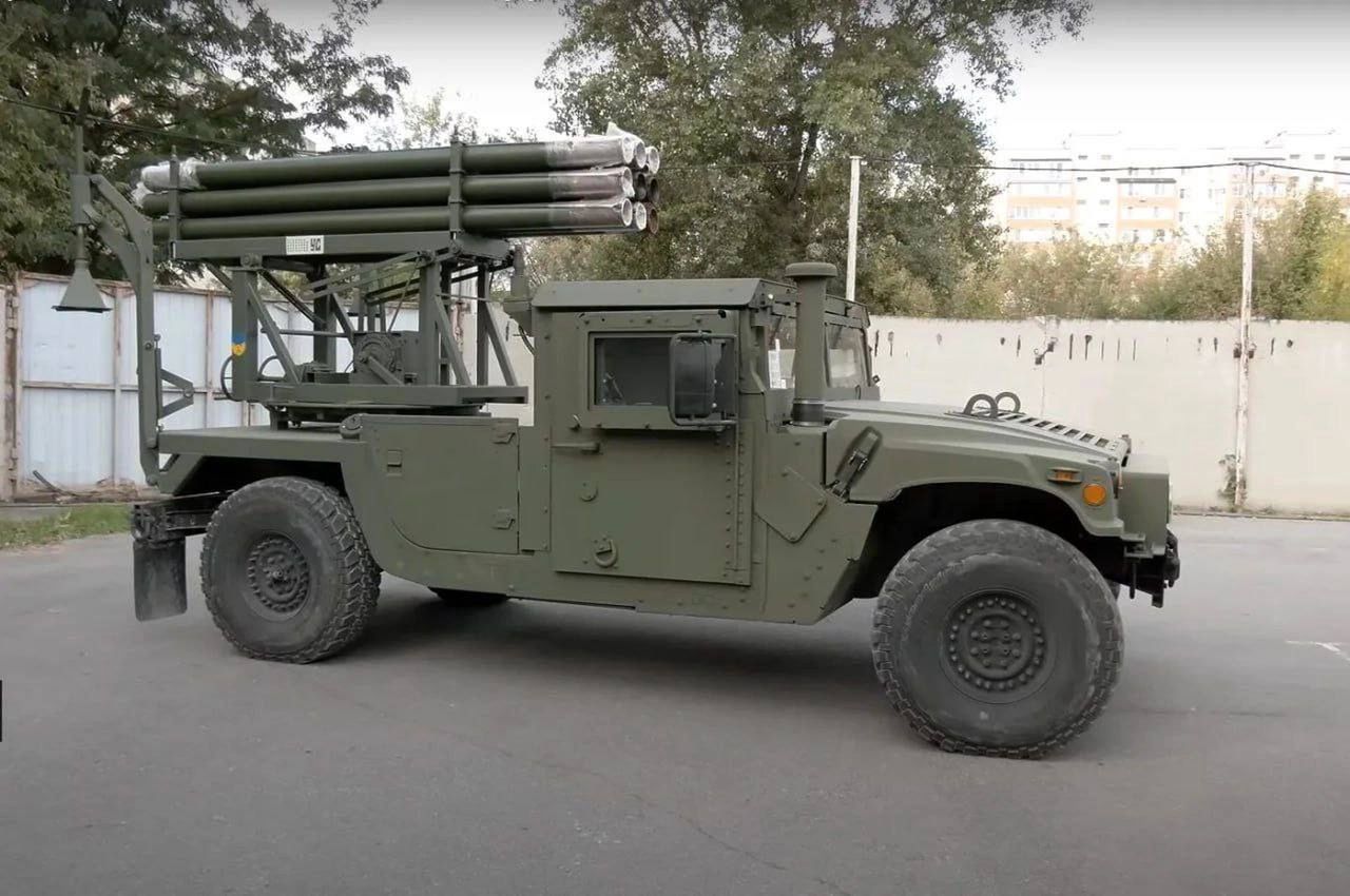 The American HMMWV is equipped with a segment of the BM-21 Grad multiple rocket launcher.